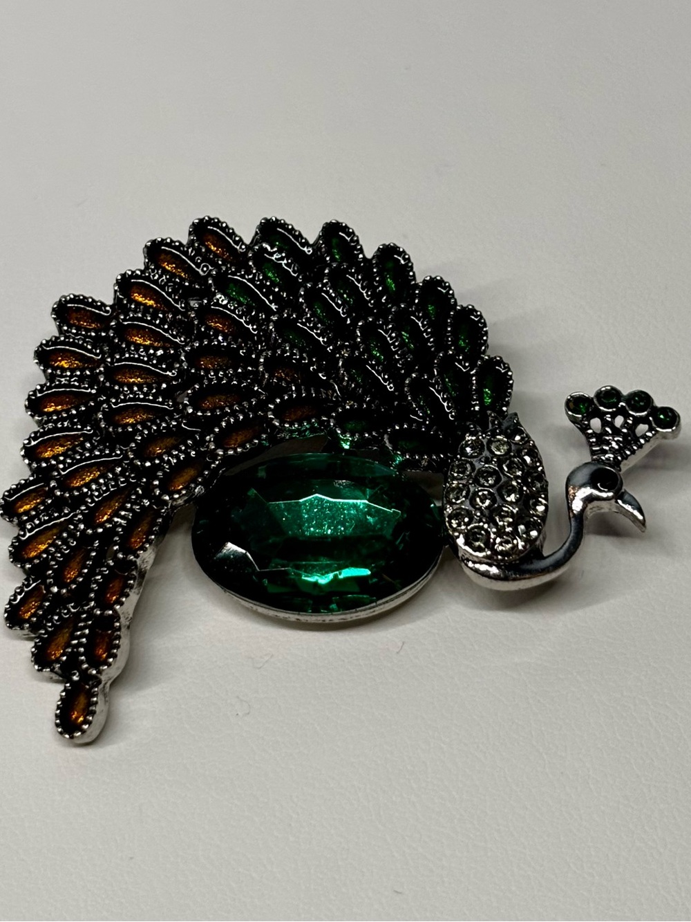 Emerald Green Peacock Brooch with Amber Accent Stones